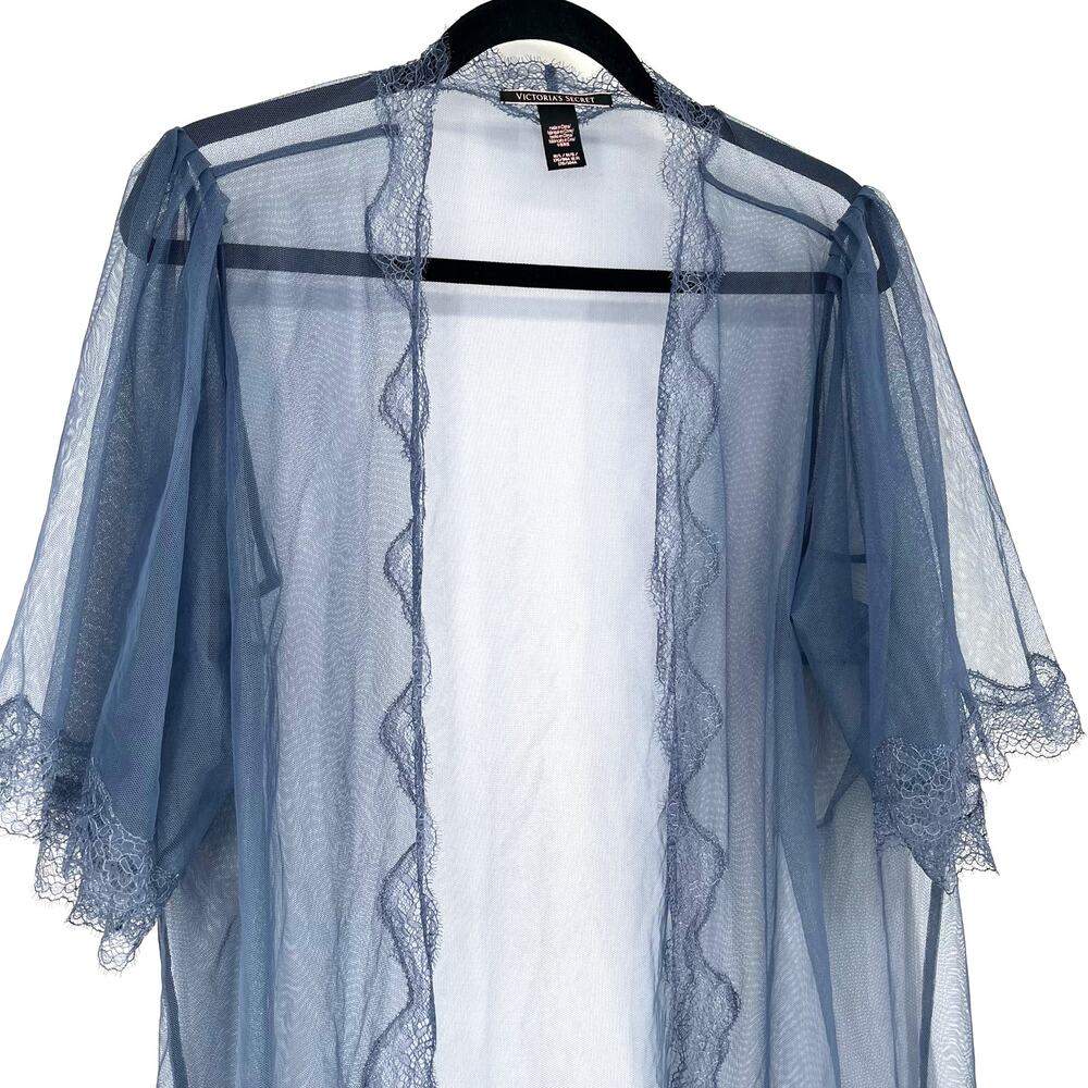 Victoria's Secret Sheer Mesh Lace Kimono Robe Slate Blue Open Front M/L - Picture 9 of 9